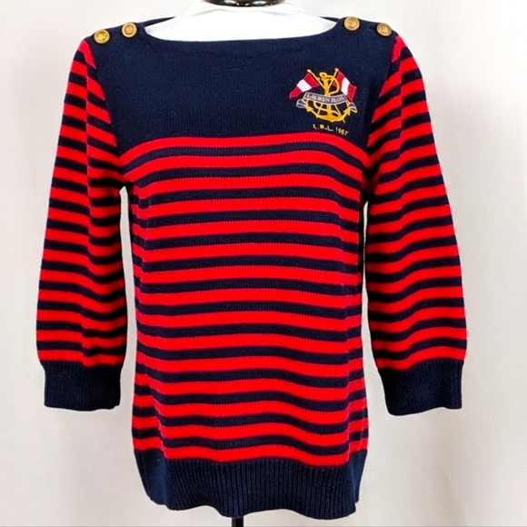 RALPH LAUREN Nautical Embroidered Flag Crest Sweater Red & Blue Striped XL NWOT! - Picture 3 of 10